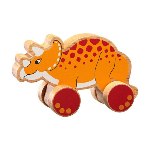 chunky wooden triceratops push along, bright, double sided, colourful design natural wood edge. baby or toddler's imagination flowing helping them to develop their fine motor skills, hand eye co-ordination and imaginative play. recommended play age is 1-5 years old. fair trade handcrafted sustainably sourced rubberwood and non toxic paints. Wooden toys, educational toys, preschool toys, colours, animals, learning, learning through play, pre school, toddler toys, Lanka Kade, Good Little Egg dinosaur