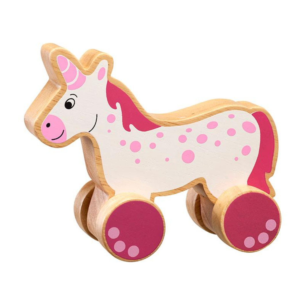 chunky wooden Unicorn push along, bright, double sided, colourful design natural wood edge. baby or toddler's imagination flowing helping them to develop their fine motor skills, hand eye co-ordination and imaginative play. recommended play age is 1-5 years old. fair trade handcrafted sustainably sourced rubberwood and non toxic paints. Wooden toys, educational toys, preschool toys, colours, animals, learning, learning through play, pre school, toddler toys, Lanka Kade, Good Little Egg