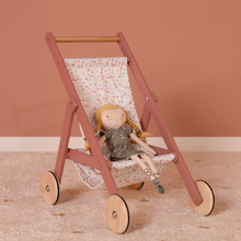 Load image into Gallery viewer, Wooden Doll Stroller - Flowers and Butterflies with a doll in it
