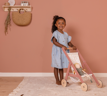 Load image into Gallery viewer, Girl pushing the Wooden Doll Stroller - Flowers and Butterflies
