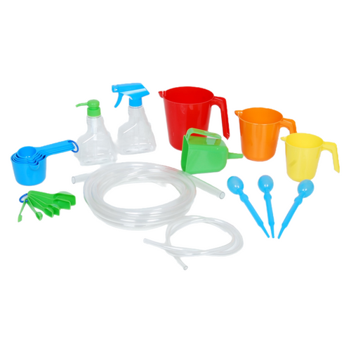 Water fun set Sand & Water Play Funnel  Water Blaster Pipette Set   Water Play Spray Bottle  Water Play Pump Bottle  Large Plastic Hose  Small Plastic Hose  Sand & Water Play Jug Set   Spoons Set  Cups Set  