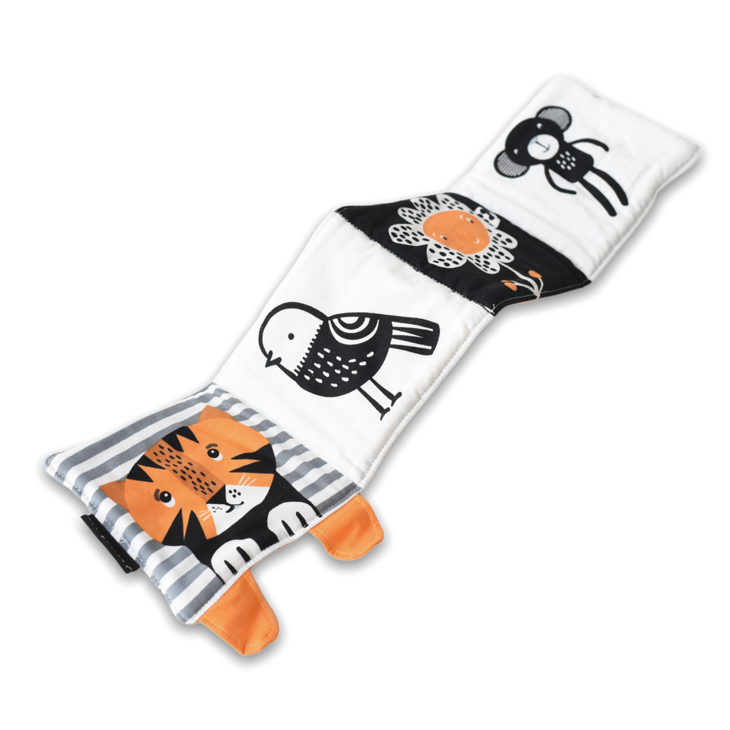 Tip Toe Tiger Baby's First Soft Book Wee Gallery Touch Textured Texture Soft Sensory Hand eye coordination hand eye co-ordination educational Book Black and white