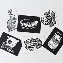 Load image into Gallery viewer, Wee Gallery  Touch  set  Sensory  Hand eye coordination  hand eye co-ordination  educational  Cards  Book  Black and white  Animals monochome Art Cards for Baby pets
